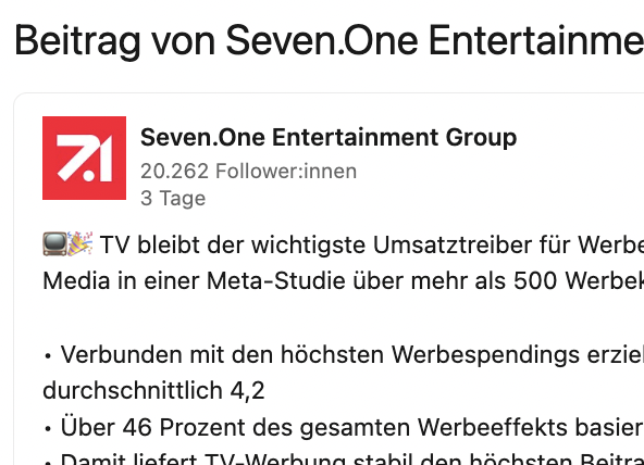 Studie für Seven.One Entertainment: TV-Werbung bleibt der wichtigste Treiber für Umsatzwachstum